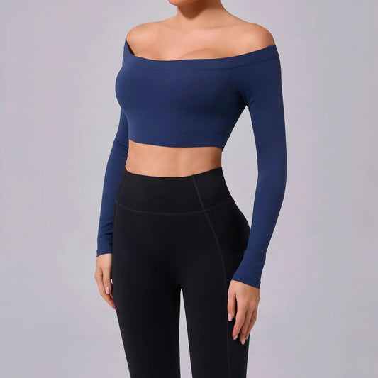 One shoulder T-shirt, long sleeved yoga suit, women's sandblasted tight fitting fitness suit, paired with a sports running top