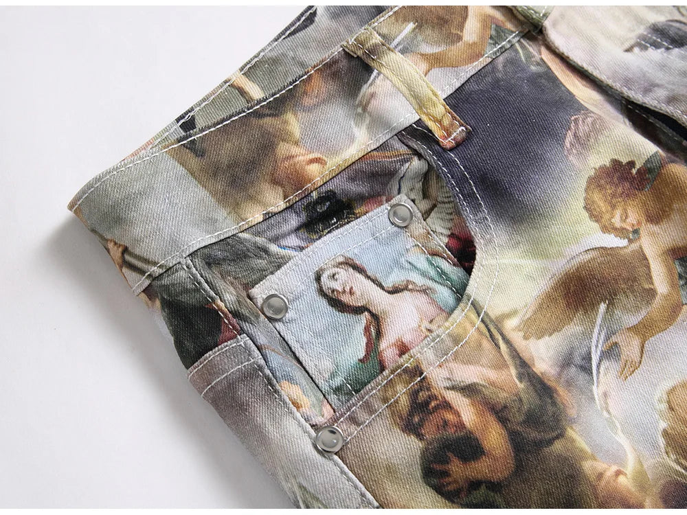 Men Classical Painting Print Jeans Fashion Angel Immortal Stretch Pants Streetwear Plus Size Printed Slim Tapered Denim Trousers