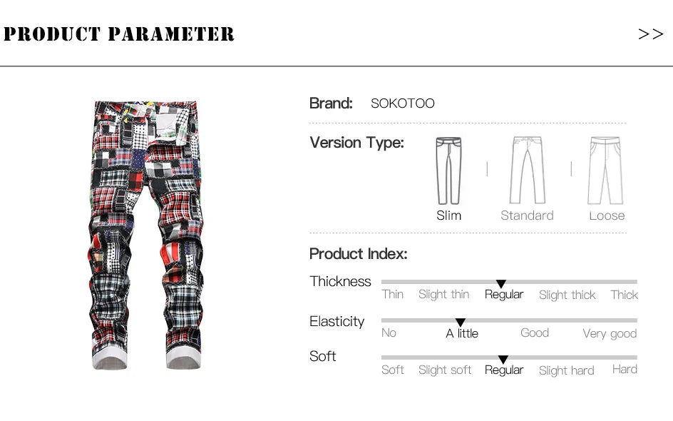 Männer Plaid Digital Print Jeans Mode Patches Patchwork Stretch Denim Hosen Schlank Gerade Hose