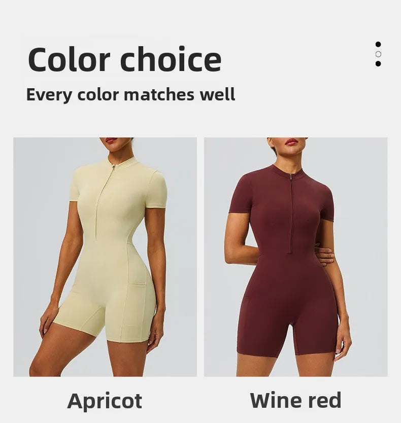 Women's zipper short sleeved yoga jumpsuit with functional pockets for hip lifting and tight fitting sports jumpsuit shorts