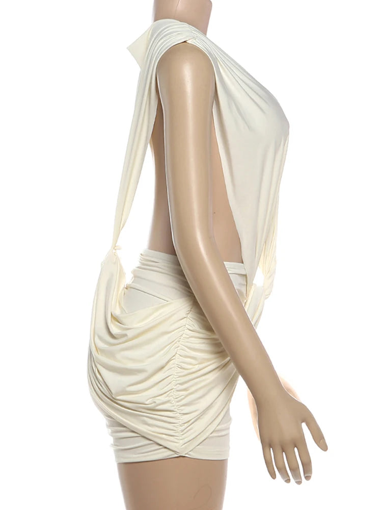 Weird Puss Sexy Cross Ruched Dress Women Deep V-Neck Sleeveless Backless Hollow Patchwork Peach Hip Stretch Slim Party Bodycon