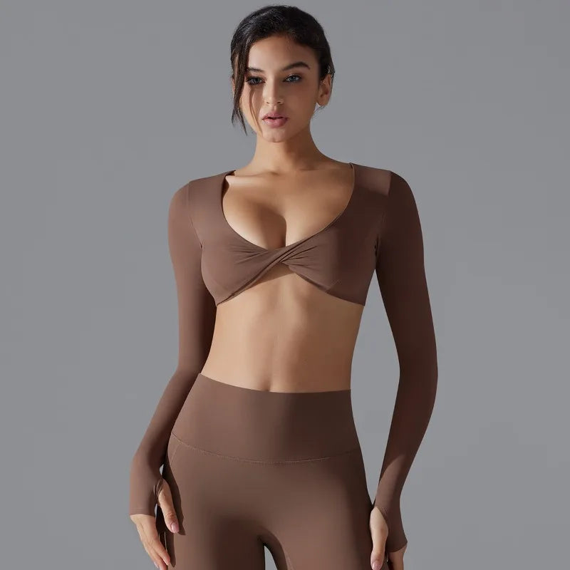Sports Long Sleeved Fitness Suit Women's Deep V-neck Slim Fit Breathable Ins Style Exposed Navel Outdoor Yoga Suit Short Top