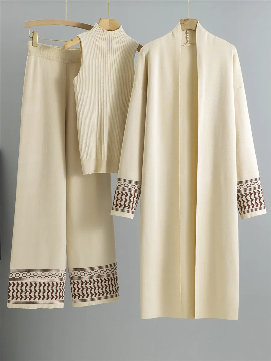 Korean Design Elegant Knitted 3 Piece Sets Women Knit Vest Sweater Long Cardigan Tops Conjuntos High Waist Wide Leg Pants Outfit