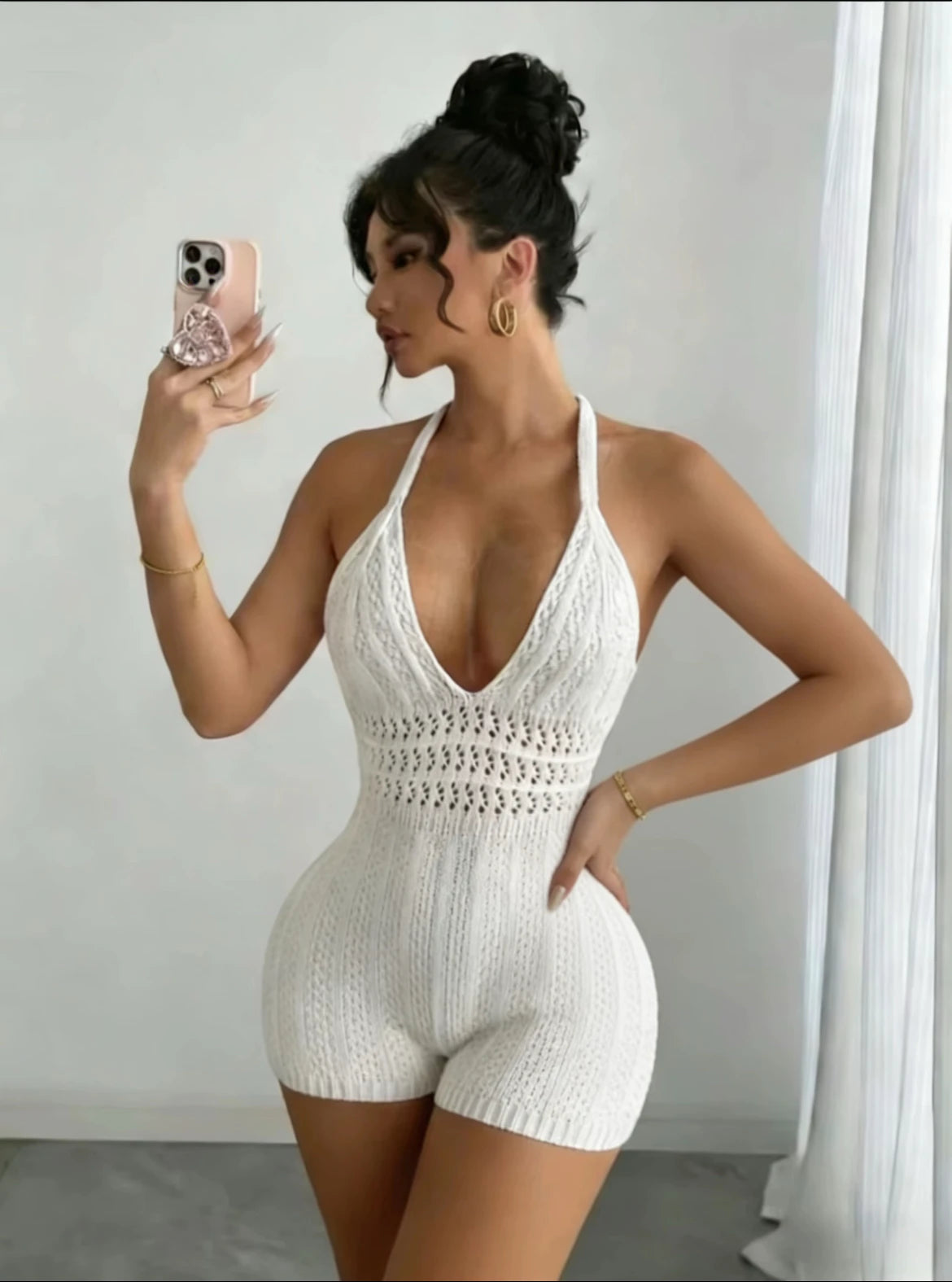 Women's Boho Crochet Halter Romper White Backless Slim Fit Knitted Bodysuit for Beach Vacation Summer Festival