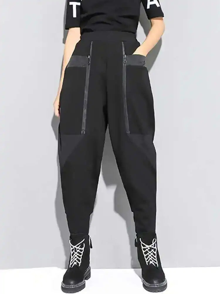 EAM High Elastic Waist Black Zipper Split Long Harem Trousers New Loose Fit Pants Women Fashion Tide Spring Autumn 2025 1N796