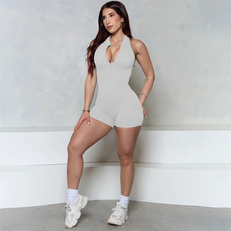 Women Bum Sleeveless ZIPPER Scrunch Butt Romper Women Sporty Jumpsuit Lycra Short Fitness Gym Overall New Workout Clothes