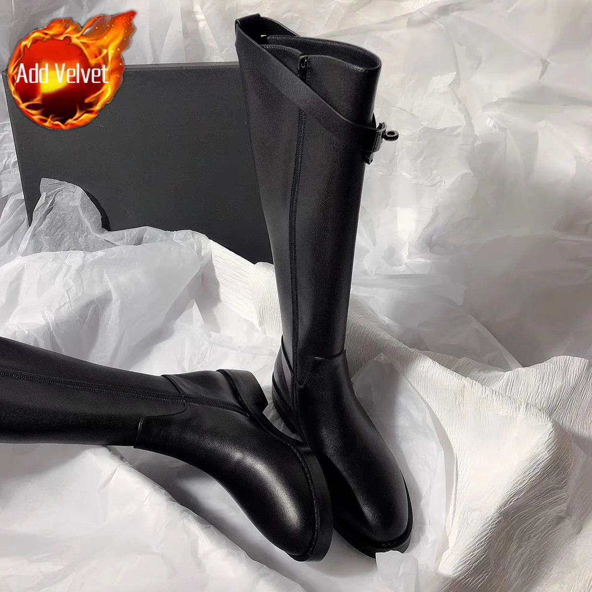 Black Elegant with Low Heels Round Toe Ladies Knee High Shaft Shoes Autumn Winter Fleece-Lined Gothic Leather Women's Long Boots
