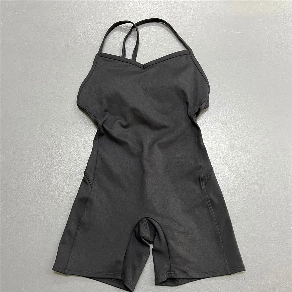 Rückenfreier Sportanzug für Damen, 2023, Lycra, Fitness-Overall, einteiliger Overall, Shorts, Sport-Outfit, Fitnessstudio, Trainingskleidung für Damen, Sportbekleidung