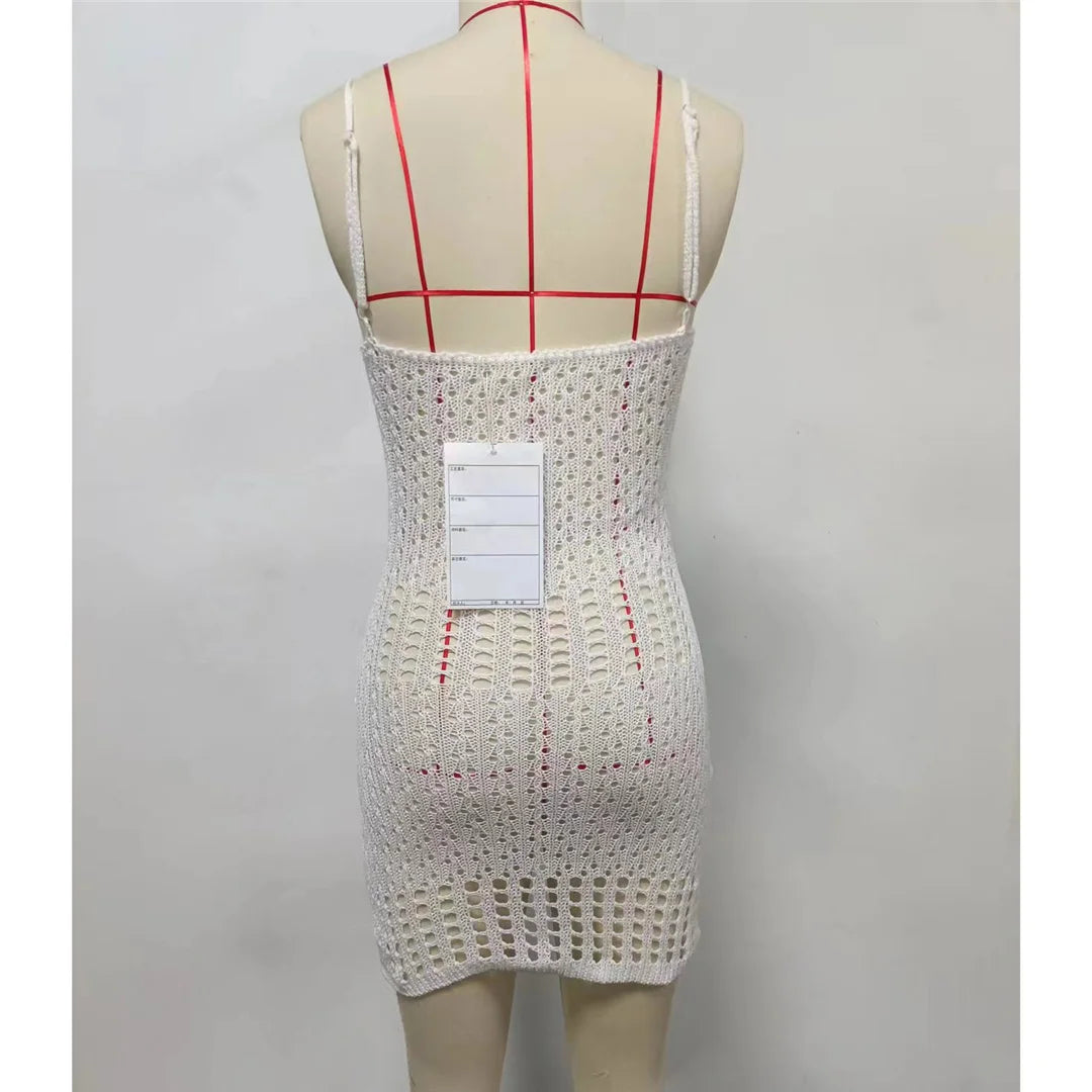 Beach Wear Beachwear Female Women Lace Up Hollow Out Backless Crochet Knitted Tunic Beach Cover Up Cover-ups Beach Dress V5655