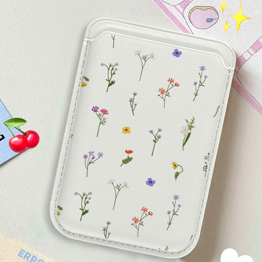 Leather Card Wallet Cover Magnetic Phone Card HolderPhone Back Bag Cute Flowers Case Suitable For all iPhone For Magsafe Card