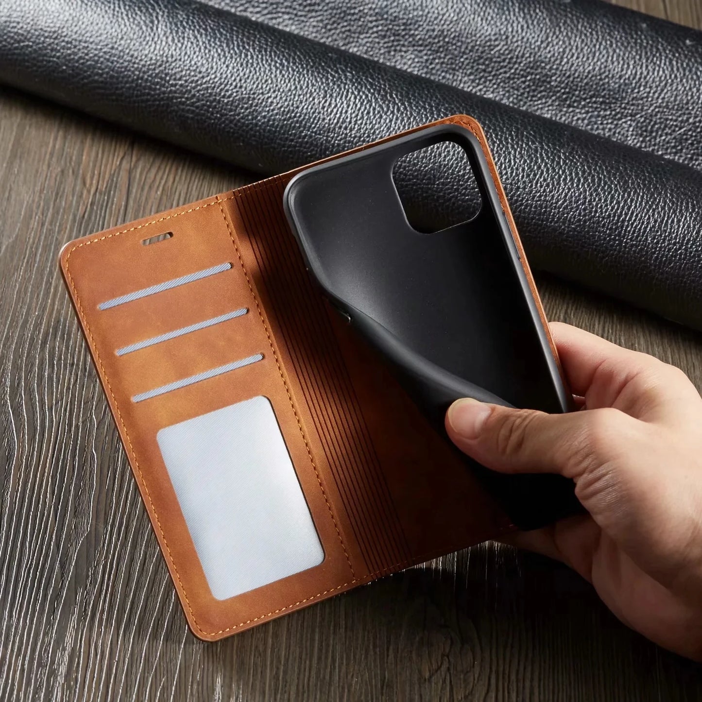 Leather Magnetic Flip Case For iPhone 16 15 14 17 Pro Max Air 16E 13 12 11 XS Max XR SE 8 7 Plus Wallet Card Solt Phone Cover