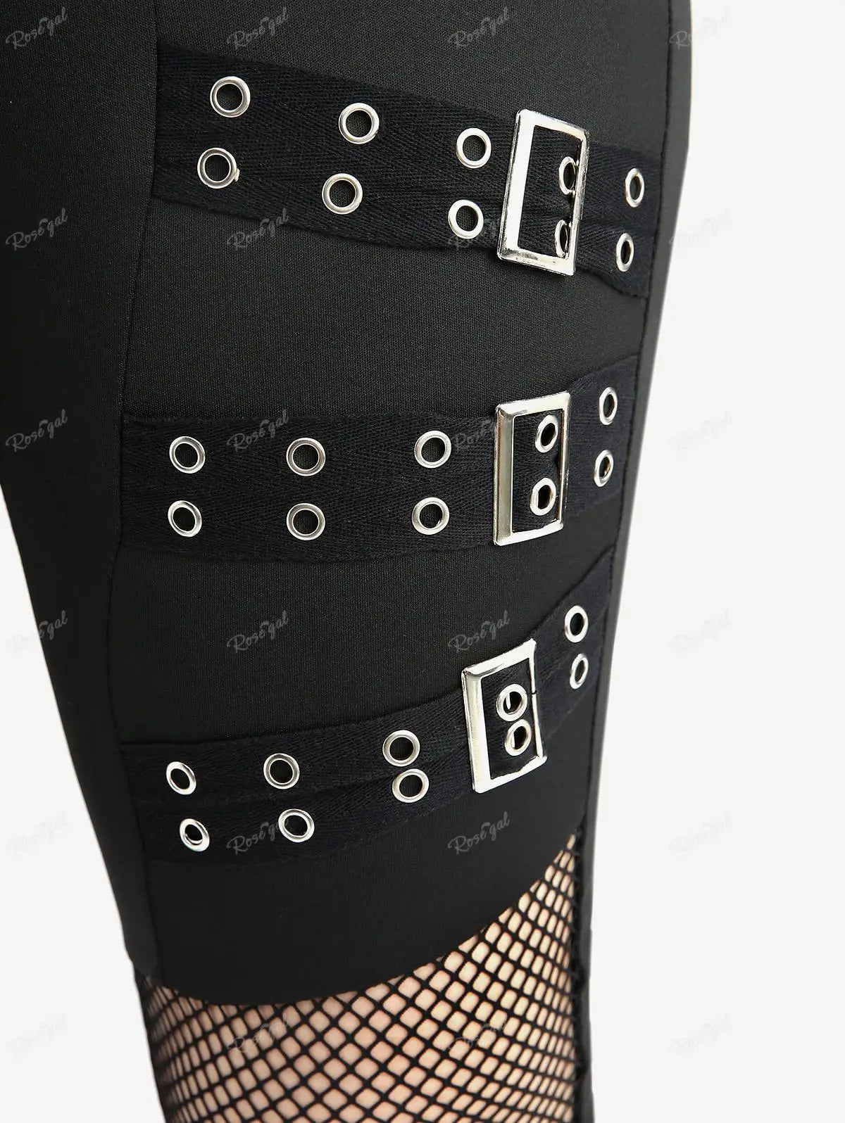 ROSEGAL Plus Size Women Elastic Waist Pants Black Gothic Fishnet Hollow Out Patchwork Buckle Grommet Skinny Pant Bottoms