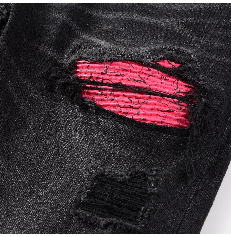 Men Cracked Leather Patch Biker Jeans Streetwear Pleated Patchwork Holes Ripped Stretch Denim Pants Skinny Tapered Trousers