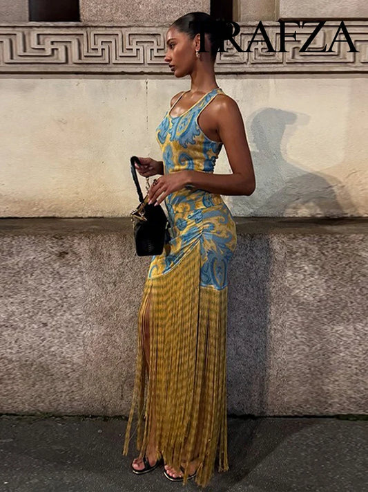 HH Women New Printed Tassel Spliced Dress Summer Beach Vacation Round Neck Dress Female Sexy Slim Robe Vestidos Casual Dress