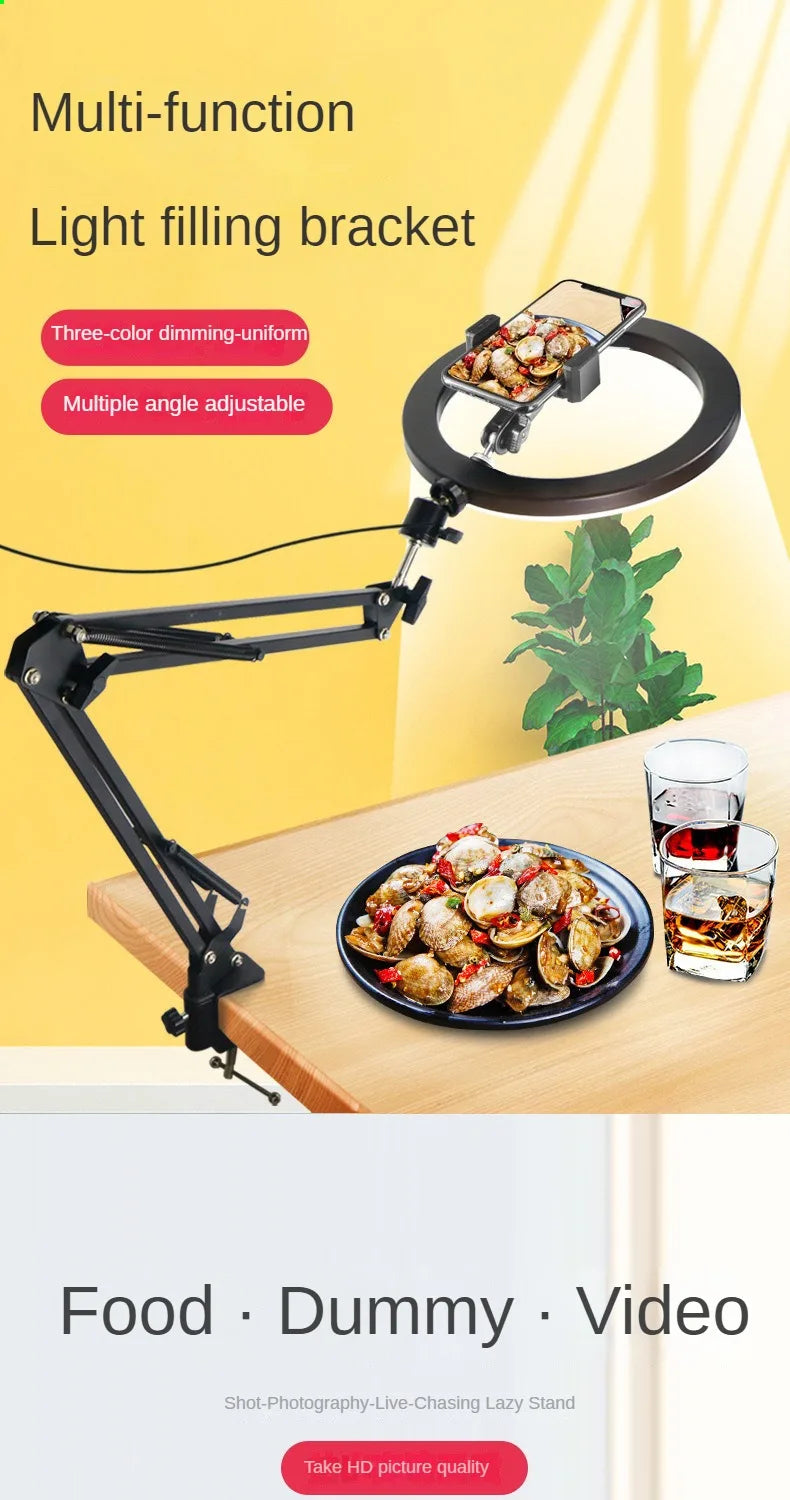 Phone Holder for Recording Videos Desktop Live Streaming Stand with Ring Light & LED Fill Light Makeup Down Photography