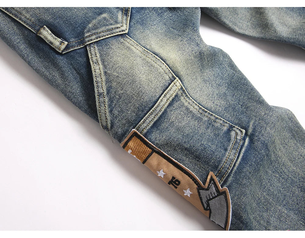 Men's Badge Patch Boot Cut Jeans Rivet Vintage Retro Blue Stretch Denim Pants Streetwear Slim Flared Trousers