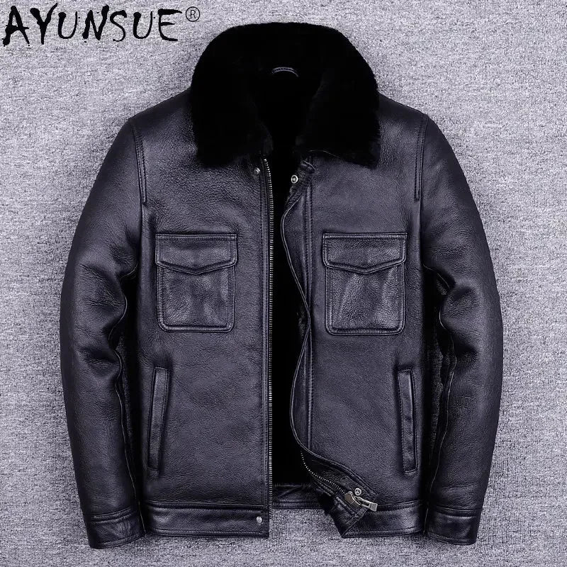 Mens Real Fur Coat Winter Warm Men Fur Coats Genuine Leather Motorcycle Jacket Natural Leather Fur Manteau Homme SGG1109