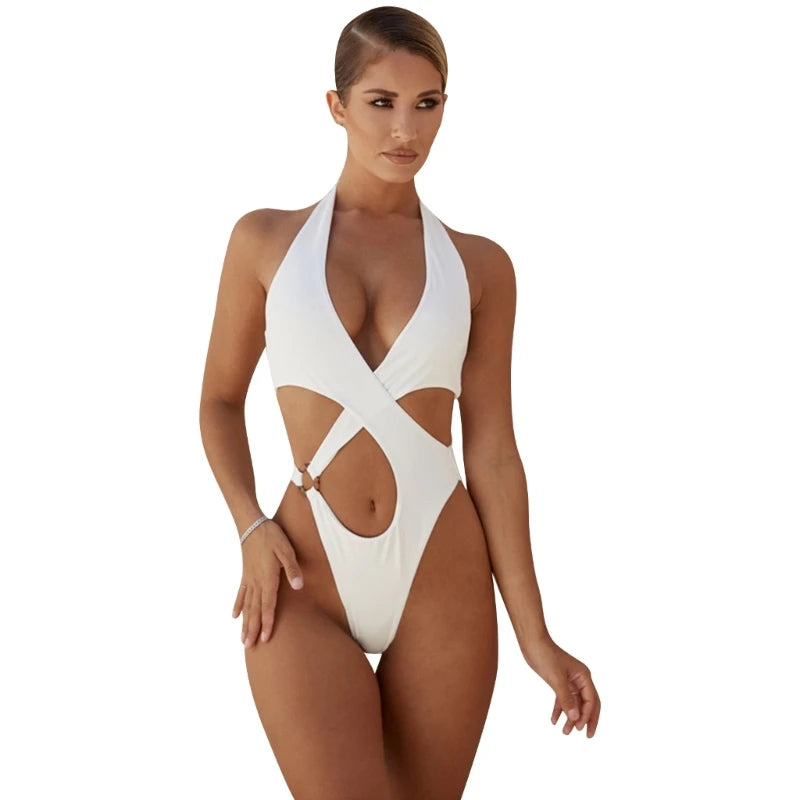 Einteiliger Badeanzug für Damen, sexy Cut-out-Bademode, Neckholder-Bikini, gekreuzter Badeanzug, hohle rückenfreie Bademode, brasilianische Bademode