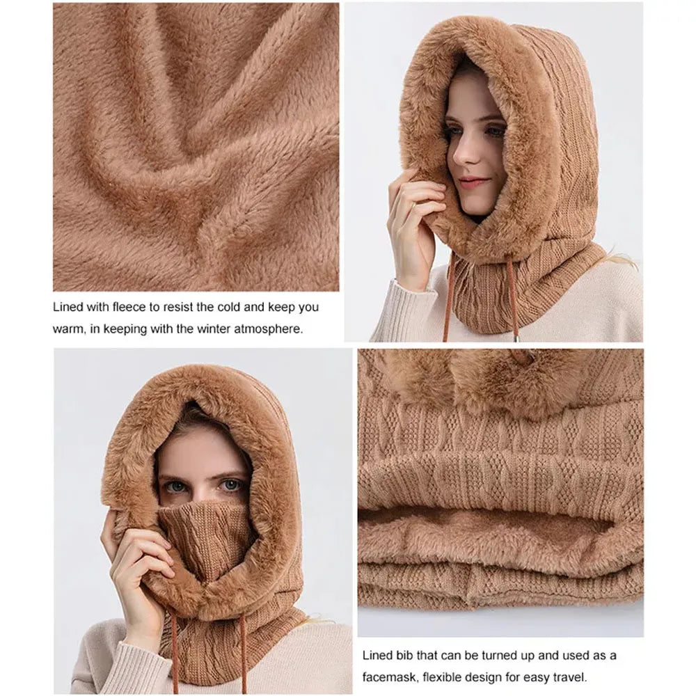 Winter Warm Beanie Hats Mask Scarf Ring Balaclava Hooded Pullover Knitted Hat One Piece Drawstring Hooded Outdoor Keep Warm Caps