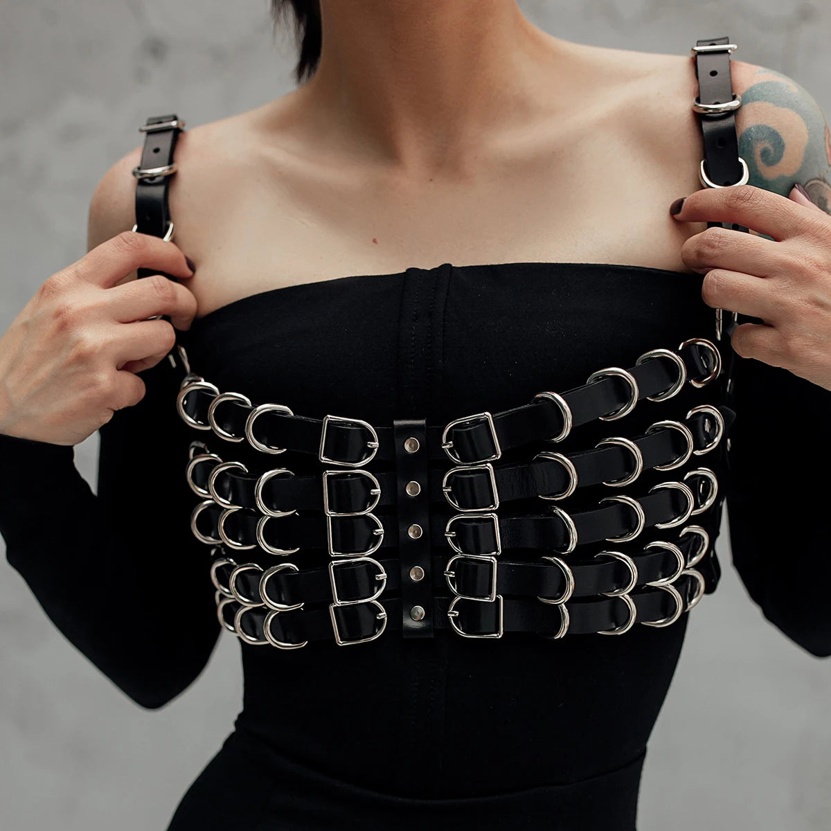Harness PU Leather Metal Ring Adjustable Shoulder Strap Gothic Chest Belt Set Punk Accessory For Rave Party Dating Festival