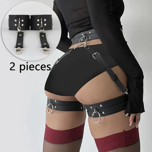 Gothic Harness Belt Handcuffs Accessories Ladies PU Leather Body Garter Belt  Women's Leather Leg Harness Strap Lingerie Pant