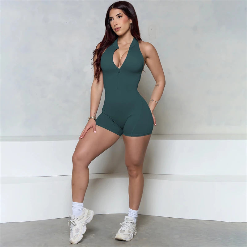 Women Bum Sleeveless ZIPPER Scrunch Butt Romper Women Sporty Jumpsuit Lycra Short Fitness Gym Overall New Workout Clothes