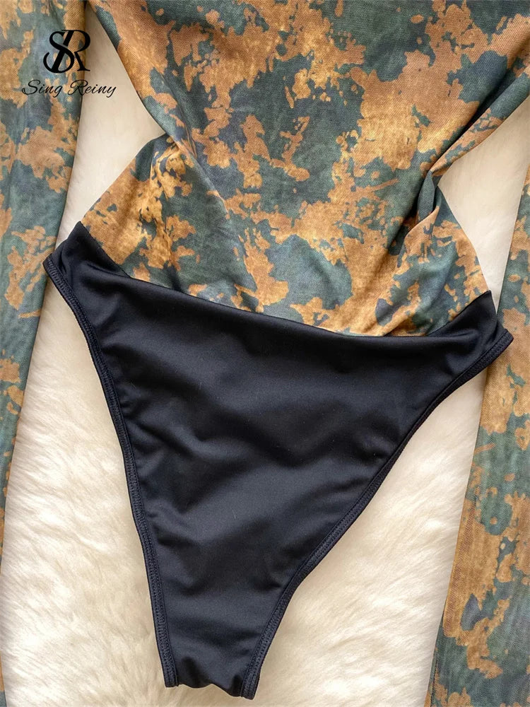 SINGREINY Halter Gauze Print Sexy Rompers Women Spliced Long Sleeve Playsuits Fashion Retro Open crotch Corset Ladies Bodysuits