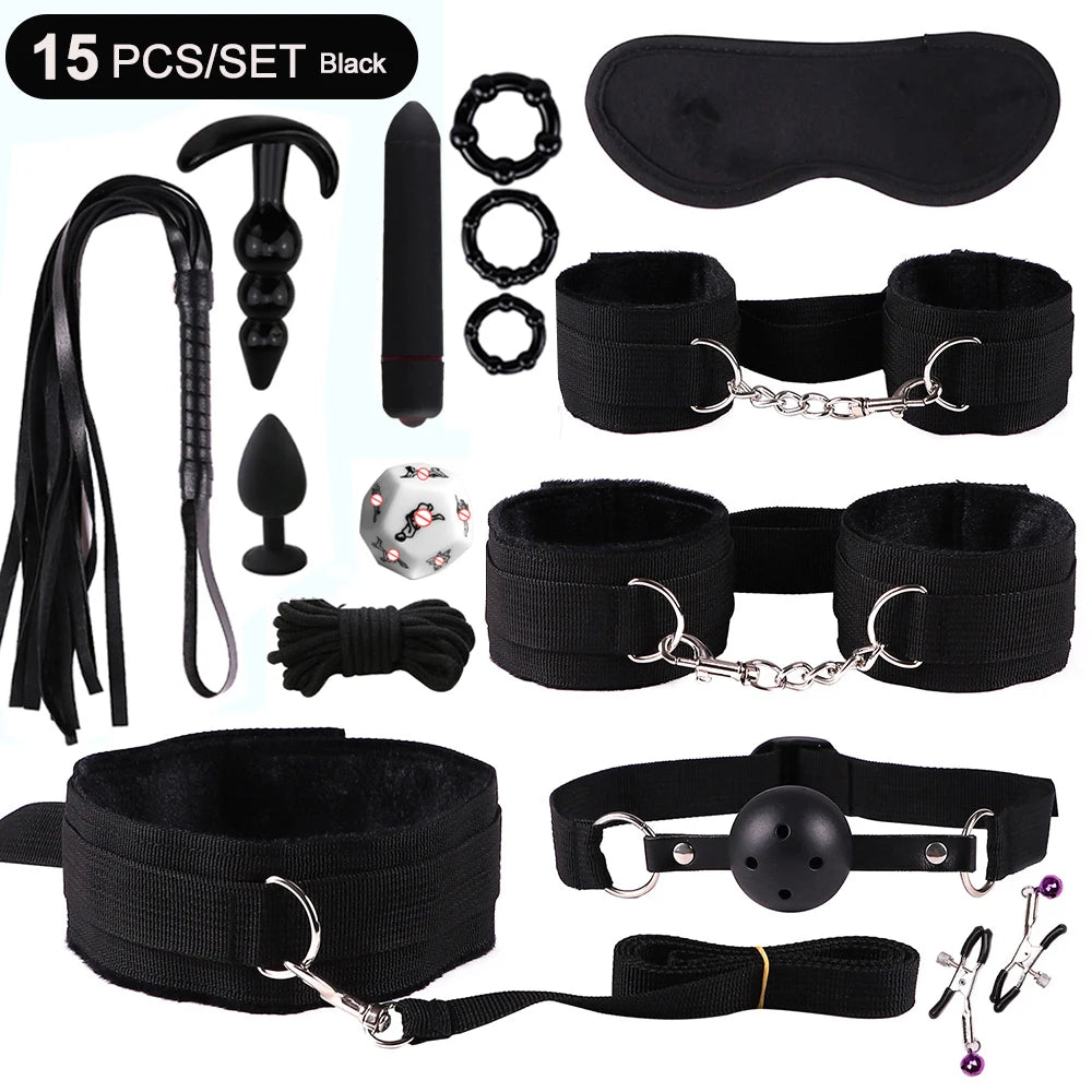Hot Exotic Bed B+ndage Set B+SM Kits Exotic S*x Toys For Women  Adults Games Leather Handcuffs Whip Gag Nipple Clamps S*x