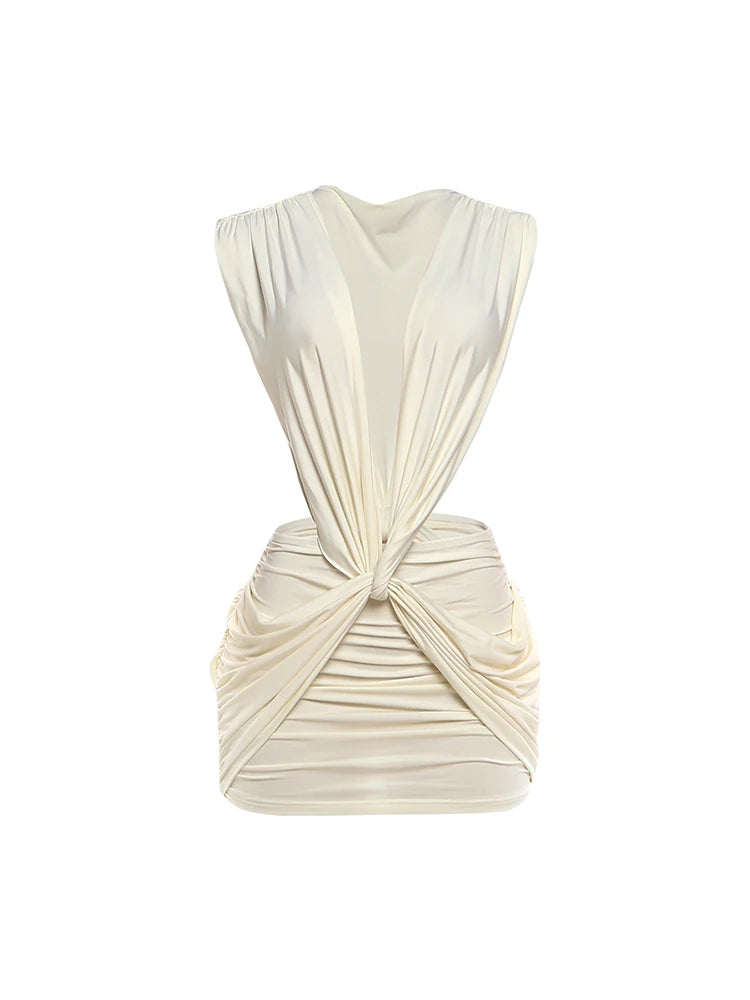 Weird Puss Sexy Cross Ruched Dress Women Deep V-Neck Sleeveless Backless Hollow Patchwork Peach Hip Stretch Slim Party Bodycon