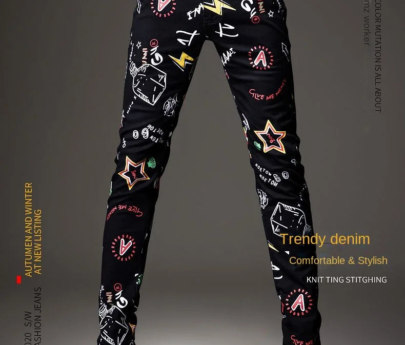 Luxuriöse Jeanshose für Herren, Hip-Hop-Jeans mit Graffiti-Print, Designer-Jeans in Slim Fit, trendige schwarze Jeans, Stretch-Cowboy-Baumwollhose für Männer