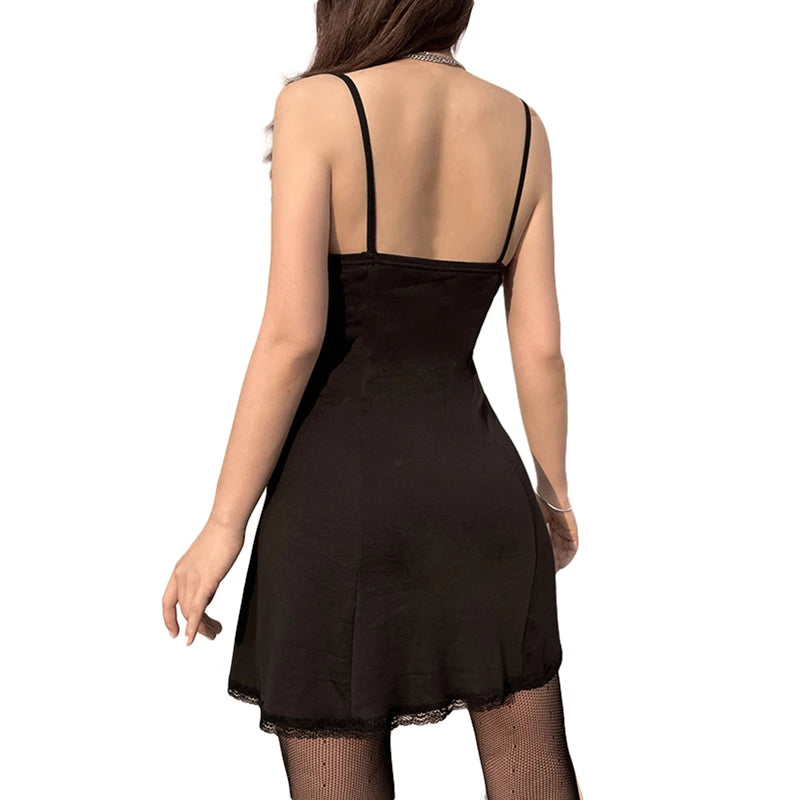 y2k Black Mini Dress Cute Sweet Girl Lace Trim Outfits Sleeveless V Neck Dresses with Bow 2000s Aesthetic Goth Clothes