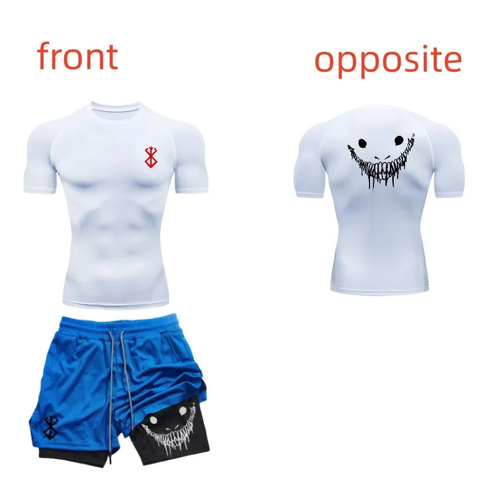 Men's fashionable casual fitness set, gym quick drying sportswear, shorts+shirt, 2-piece set, running, training, summer