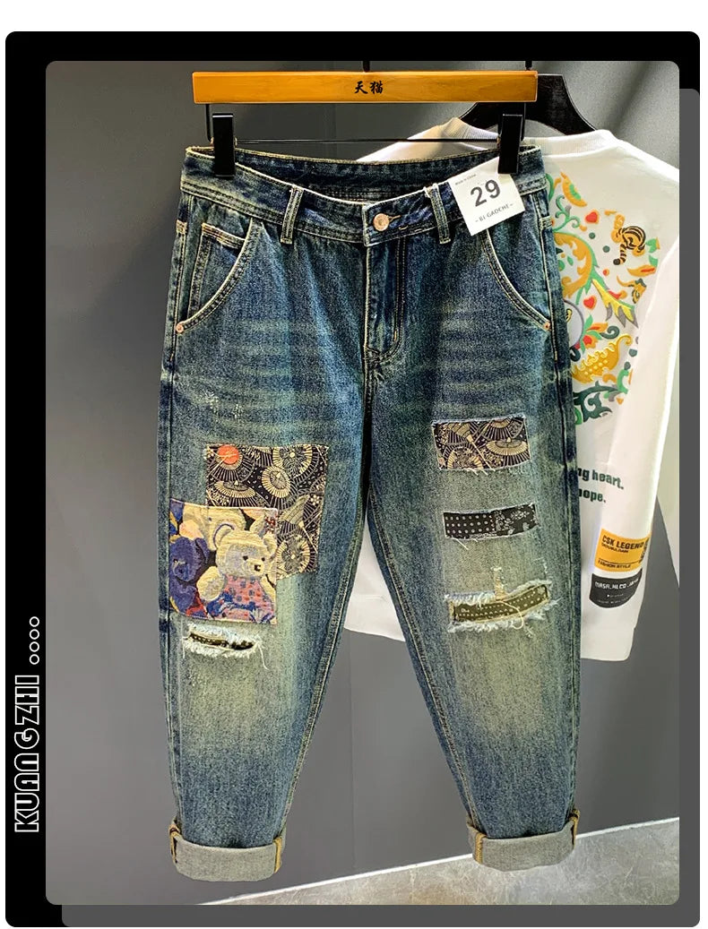 High Street Trendy Marke Retro Distressed Loose Harlan Jeans Herren Frühling und Herbst Neue personalisierte trendige Patch lange Hosen Me