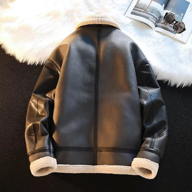 Men's Autumn Winter Thickening Fleece Leather Jacket Plus Velvet Warm Fashion Black Khaki Male Casual Work PU Jacket Cotton Coat