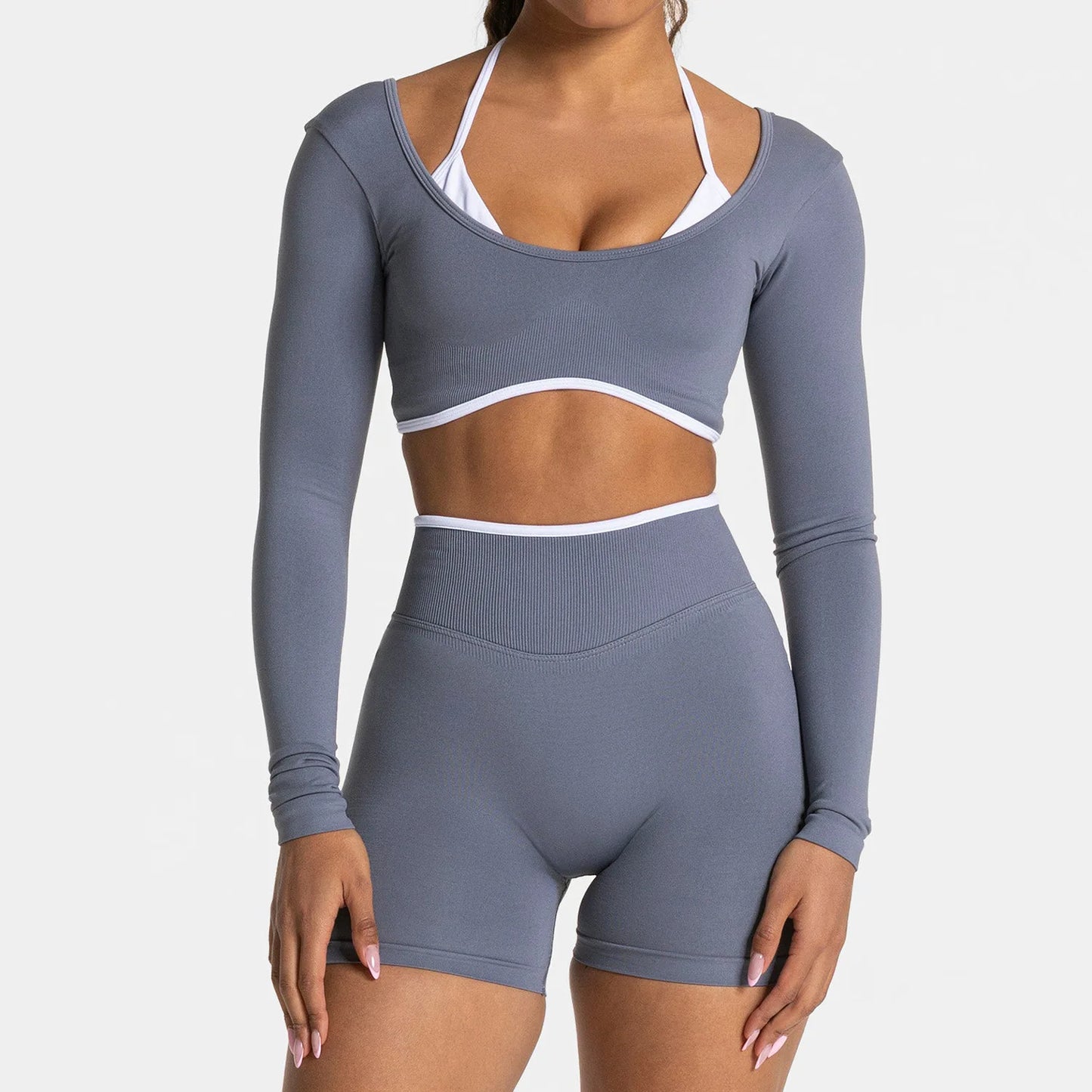 Women's Color Block Yoga Set Long Sleeve Top & High Waisted Shorts Butt Lifting Tummy Control 4-Way Stretch Workout Gym Fitness