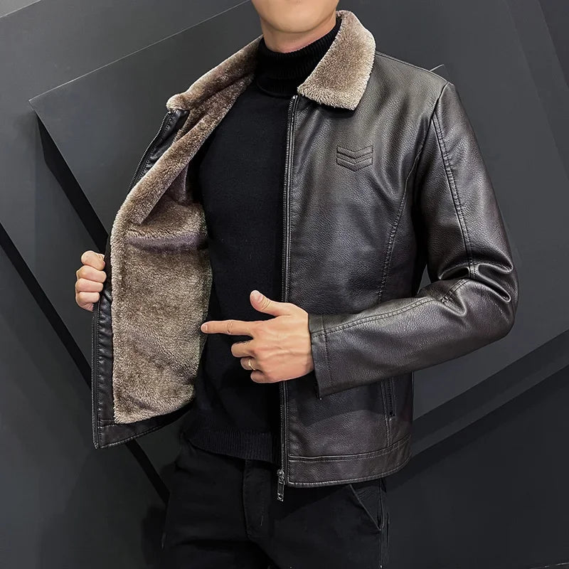 Winter Fashion Warmth Thickened Leather Jacket Lapel Solid Zipper Design Plus Size 4XL-M WorkCoat Men's Leather Jacket