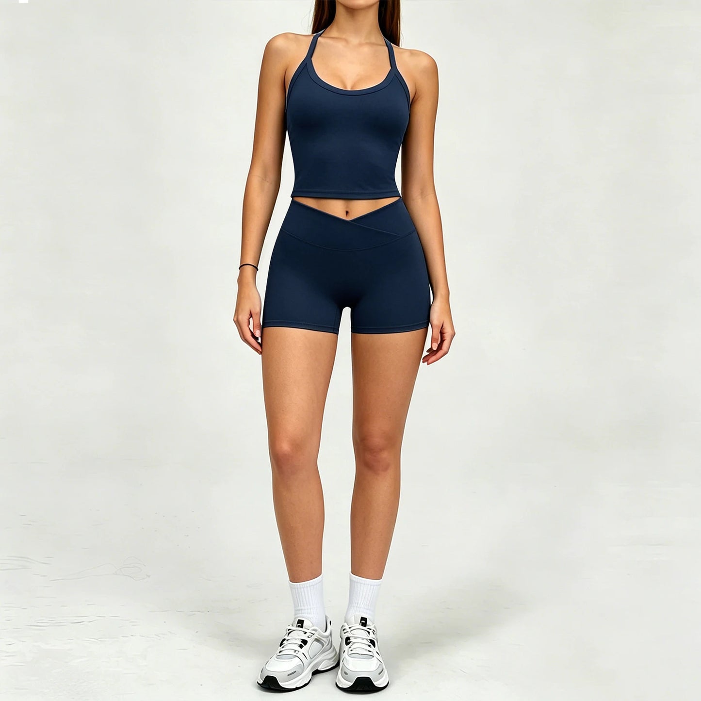 GYM 2 Piece Set Racerback Design+Shorts Women Sports Bra with Padded Yoga Halterneck Top High Waist Pant Summer Running Fitness