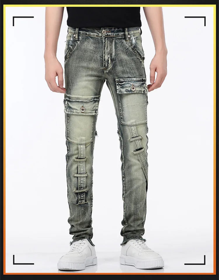 High-Quality Stylish Washed Men's Luxury Designer Jeans Trendy Men Vintage Denim Stretch  Workwear  Motorcycle Boyfriend Jeans