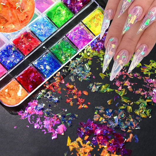 12 Colors AB Mermaid Nail Sequins Decorations Irregular Glitter Flake Nail Supplies Iridescent Aurora Glass Paper Nail Art Decal