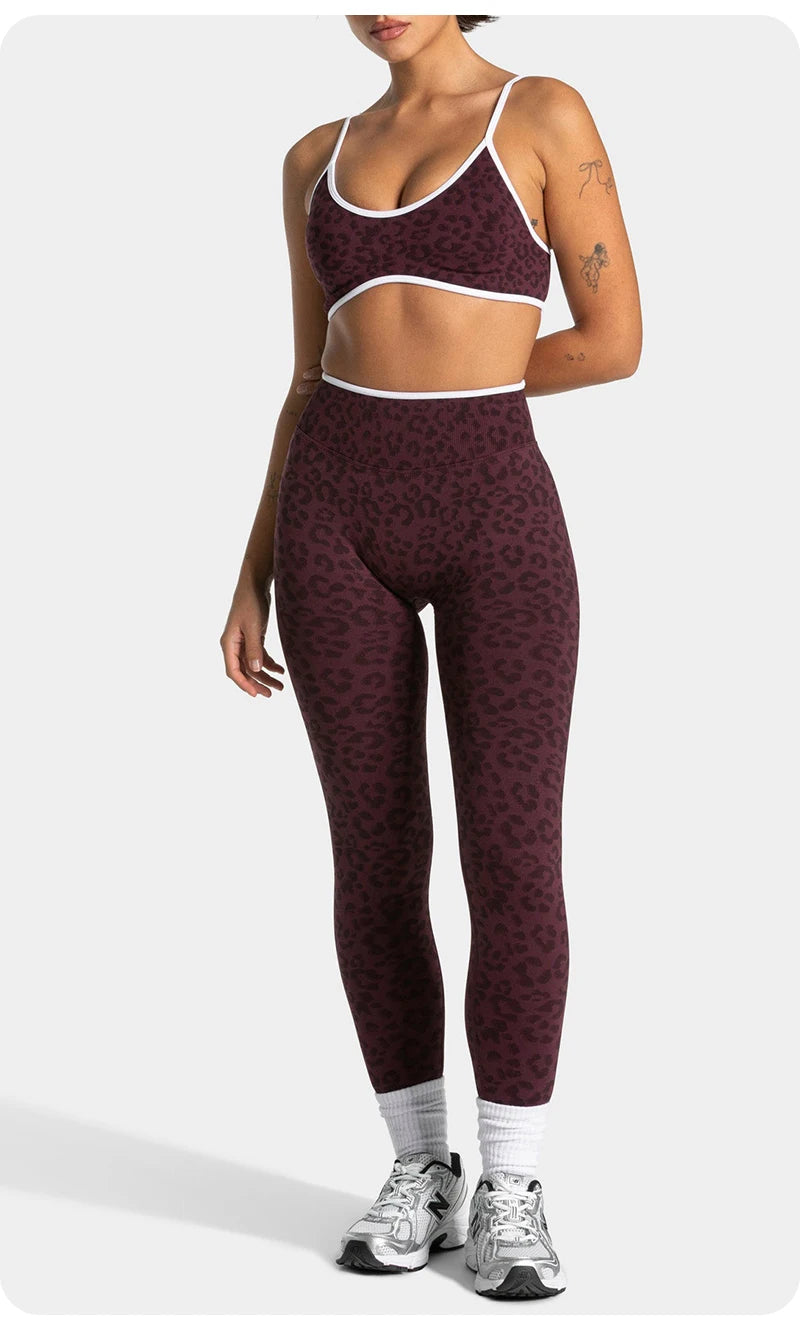 Women's Seamless Yoga Set Leopard Print Color Block Bra Top & Long Pants Workout Suit