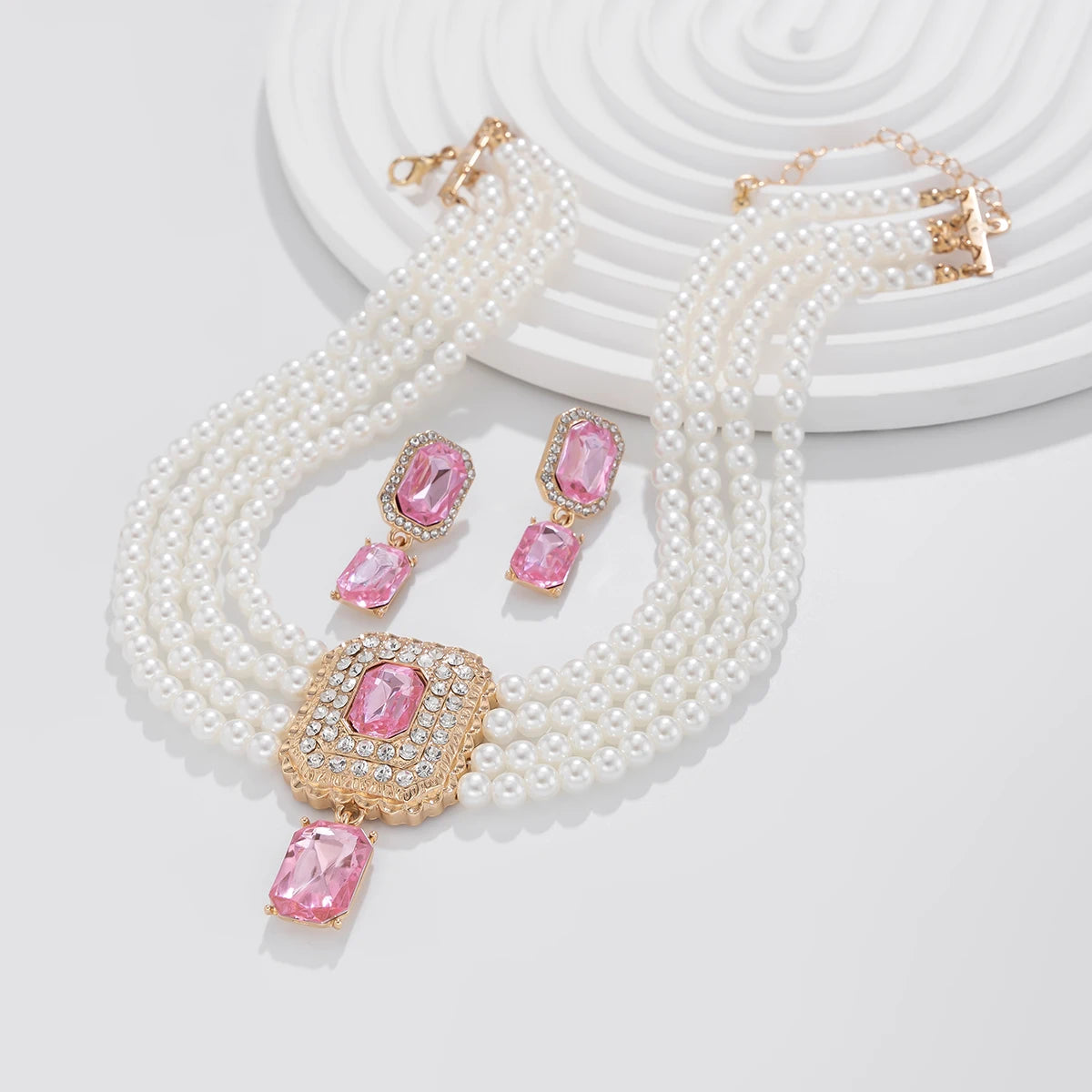 Lacteo Retro 2Pcs/Set Multi Layer Imitation Pearl Chain Necklace Stud Earrings Women Elegant Wedding Banquet Jewelry Suit New