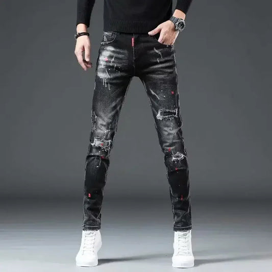 Trousers Ripped Torn Patch Man Cowboy Pants Slim Fit with Holes Men's Jeans Tight Pipe Skinny Broken 2025 Korean Autumn Goth Xs