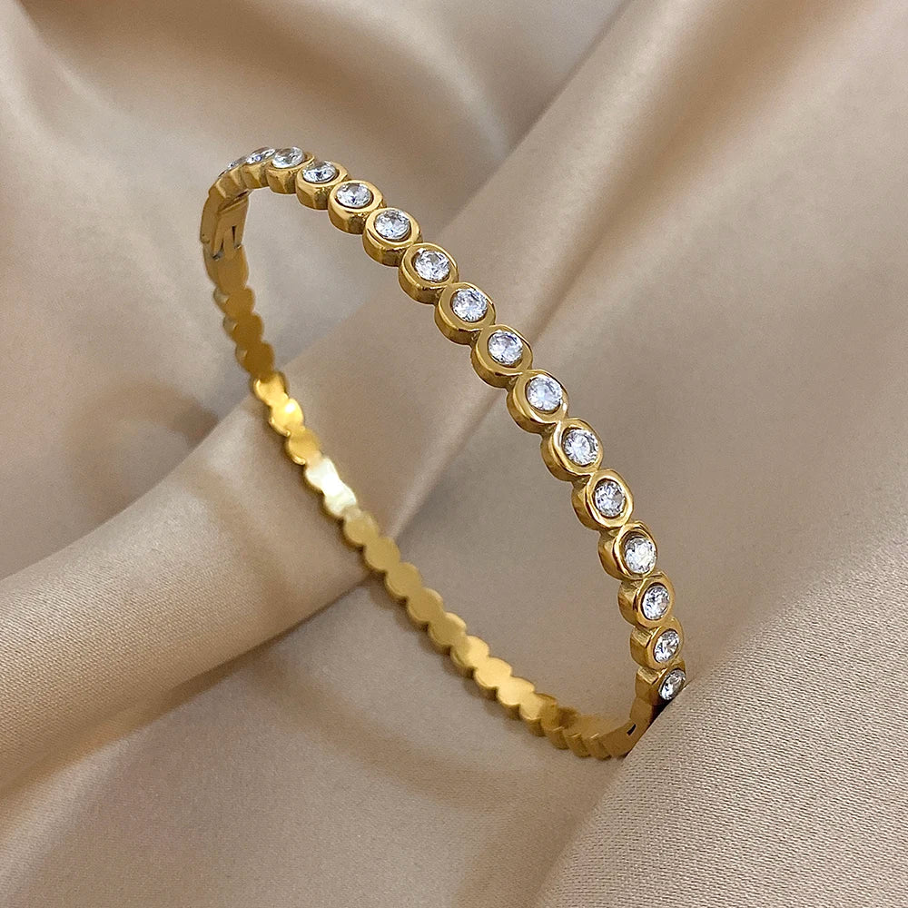 Colorful Rhinestone Beads Stainless Steel Bracelets for Women Fashion Gold Silver Color Stacked Cuff Bangle Waterproof Jewelry