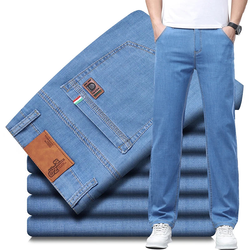 Business Thin Denim Jeans for Men Straight Stretch Cotton Work Pants Business Casual Lightweight Trousers Spring Autumn Workwear