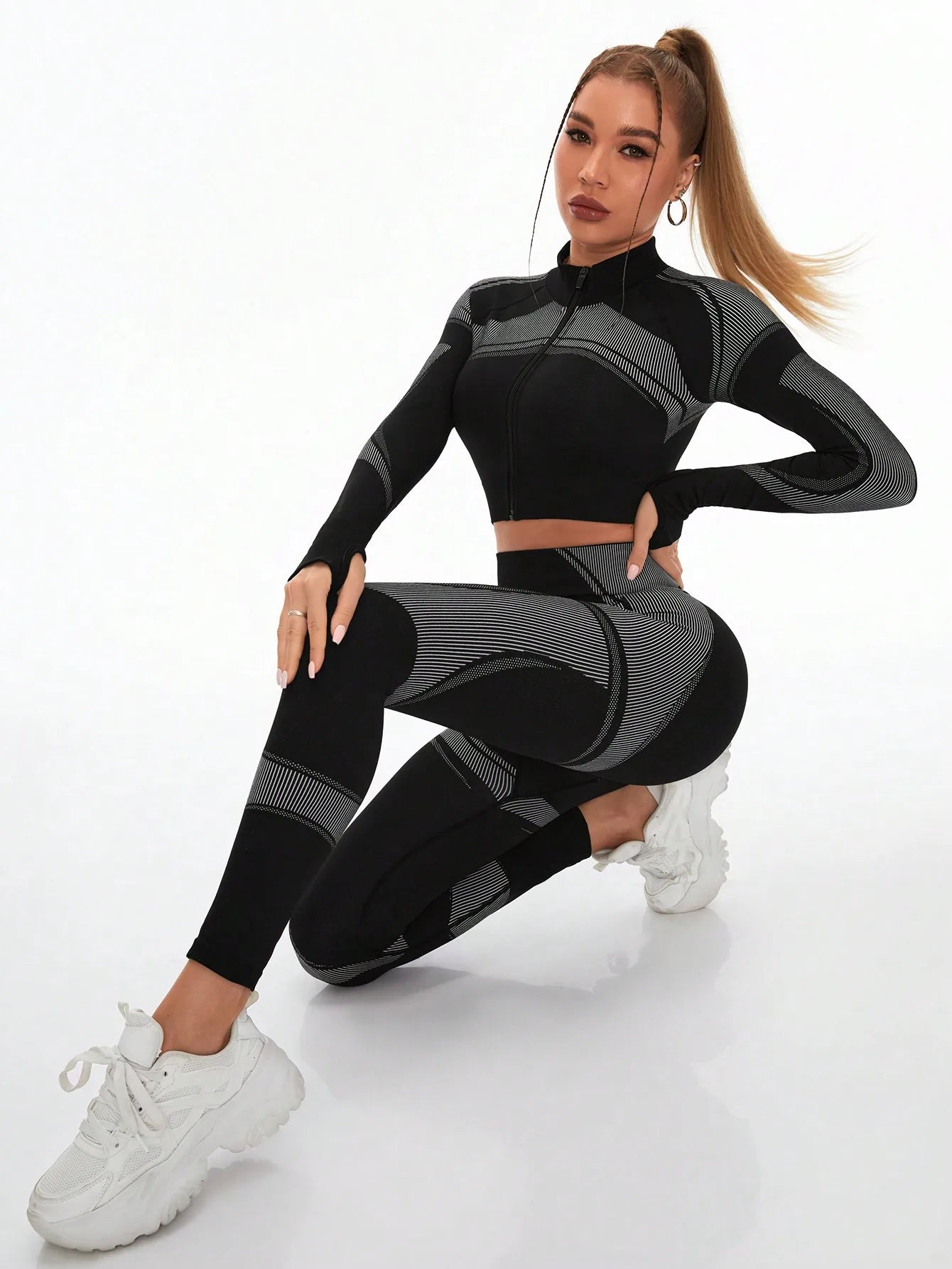 Women's Seamless Yoga Set Tummy Control High-Waist Leggings Long Sleeve Top Female Clothing Outdoor Women Sports Fitness Overall