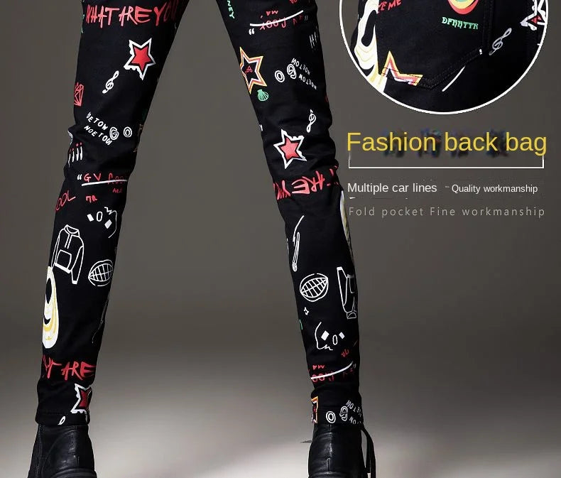 Luxuriöse Jeanshose für Herren, Hip-Hop-Jeans mit Graffiti-Print, Designer-Jeans in Slim Fit, trendige schwarze Jeans, Stretch-Cowboy-Baumwollhose für Männer