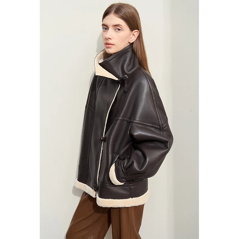 AMII Minimalist Simple Commuter Faux Leather Jacket for Women 2024 Winter Thick Warm Lapel PU Fur Female Chic Over Coat 12424007