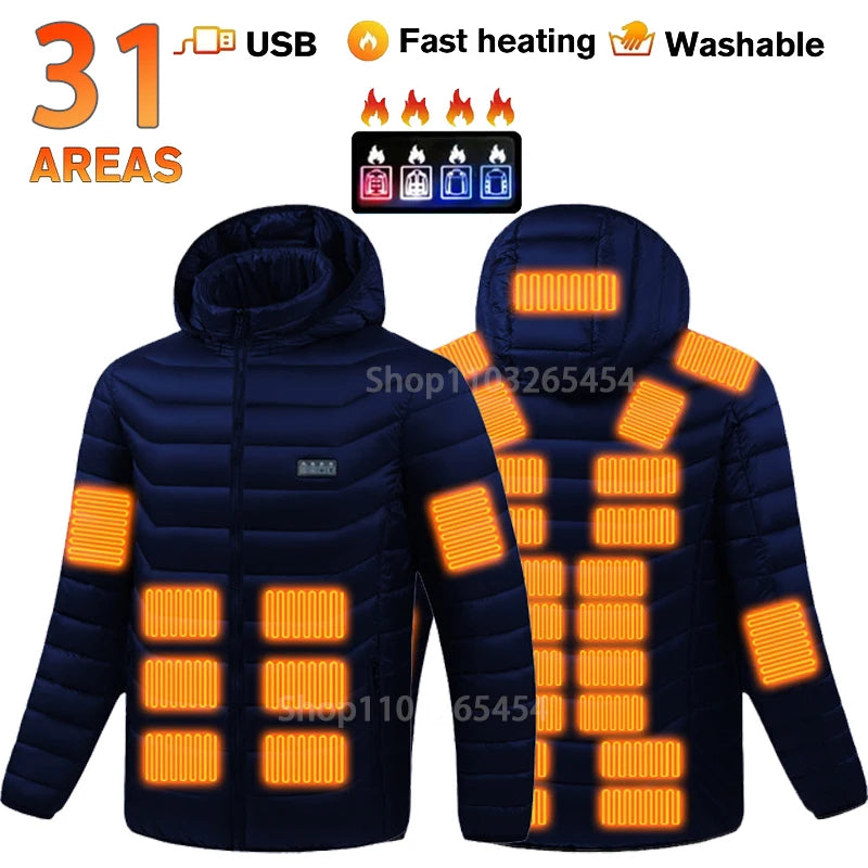 31 Areas Smart Switch USB Electric Heated Jacket Men Women Heated Jacket Waterproof Polyester Thermal Jacket Long Johns Winter