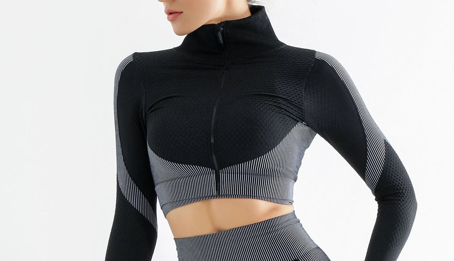 New  Spring Autumn Set Reticulate Stretch Fitness Seamless  Sportswear Suit For Women
