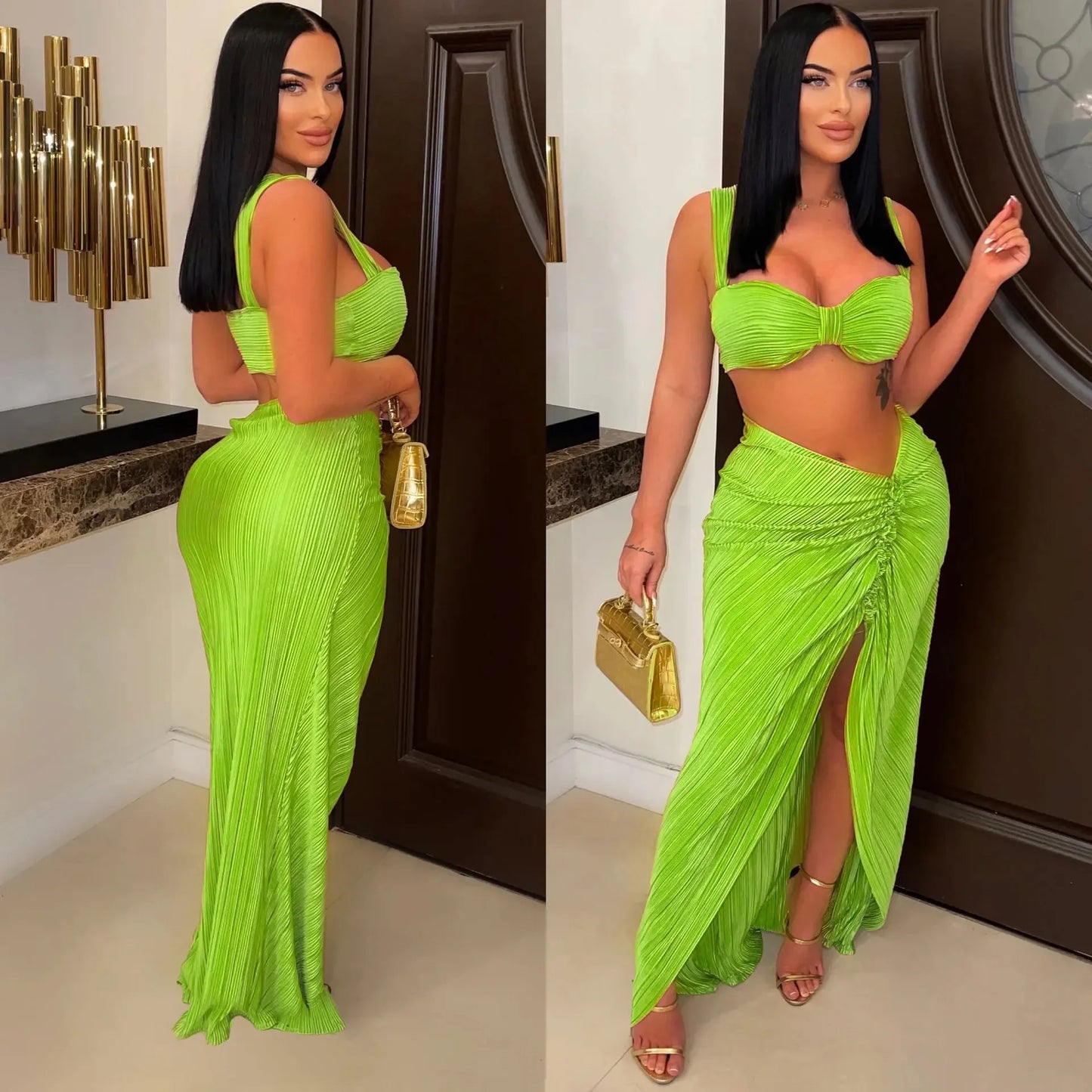 Beach Pleated Women 2 Piece Set Outfits  Summer Crop Top and Midi Ruffles Draped High Side Split Maxi Long Skirt Set
